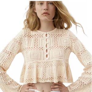 Zara Open Knit Crochet Bell Sleeve Cropped Top Size Large Coastal Boho Prairie